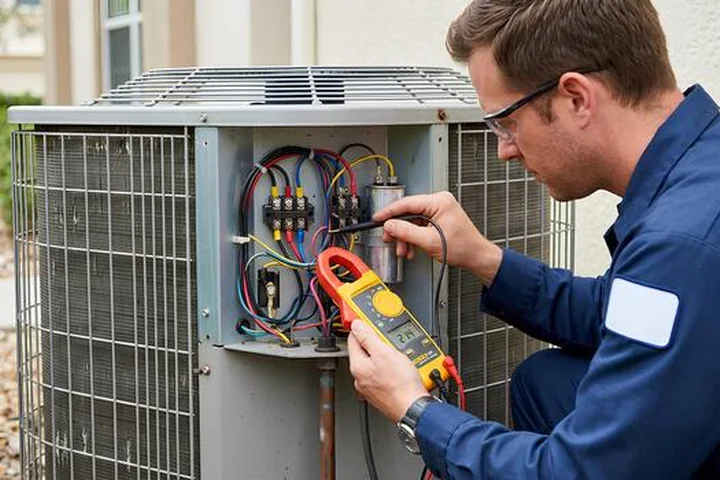 Technician diagnosing electrical components in an outdoor air conditioner