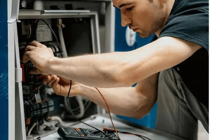 HVAC technician testing controls inside heating equipment