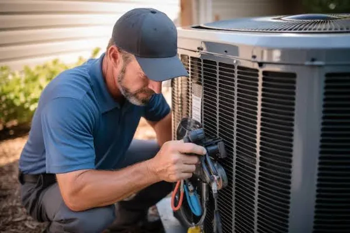 Technician troubleshooting an outdoor air conditioning condenser